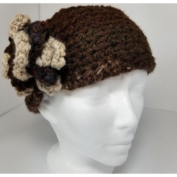 Brown Cream Ivory Flower Dreadlock Dread Ear Warmer Messy Bun Ponytail Hat Unise - Picture 5 of 9
